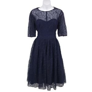 ML Monique Lhuillier Navy Lines Dress 10 Half Sleeve Cut Out Back Sweetheart